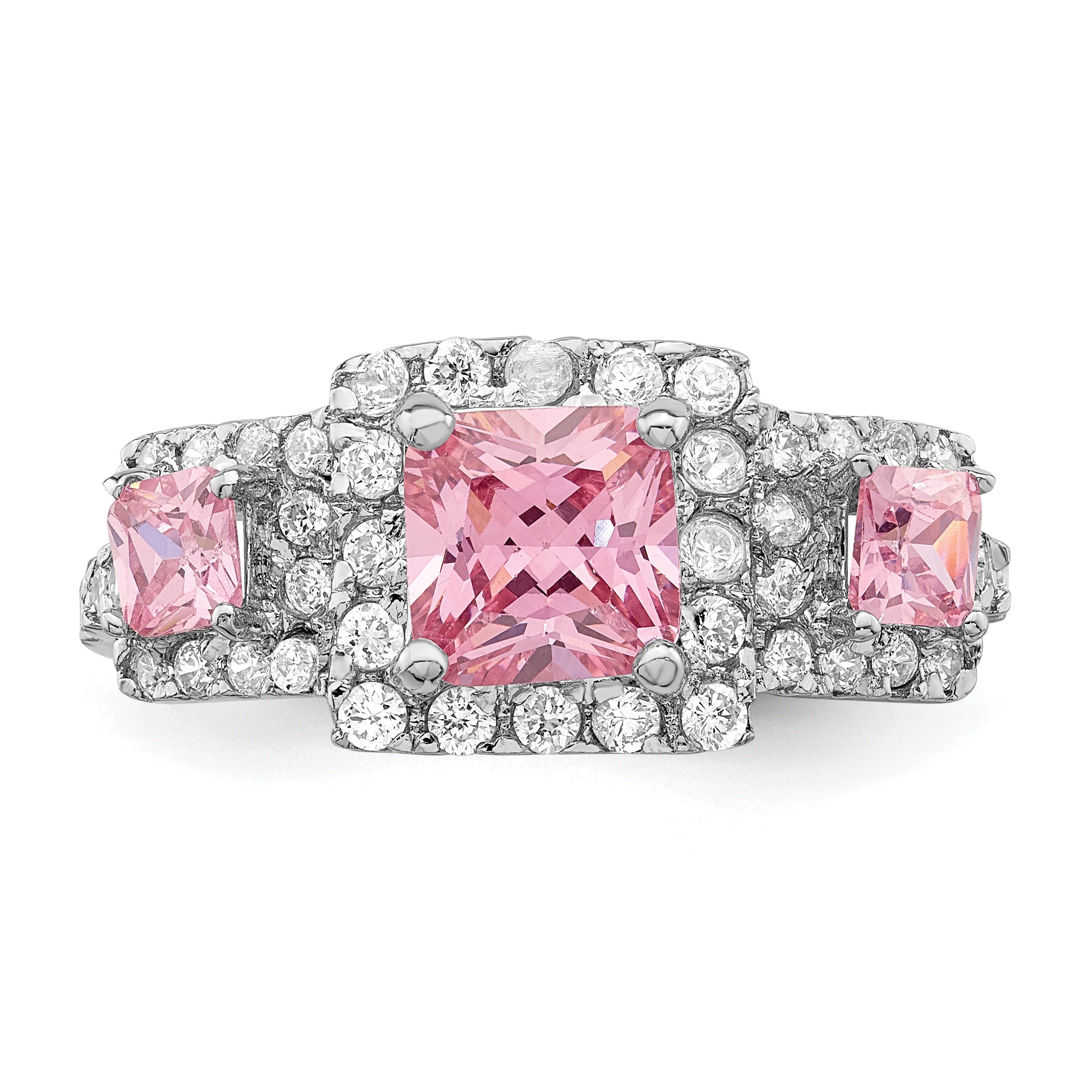 Sterling Silver Rhodium-Plated plated Pink Square Cubic Zirconi Ring
