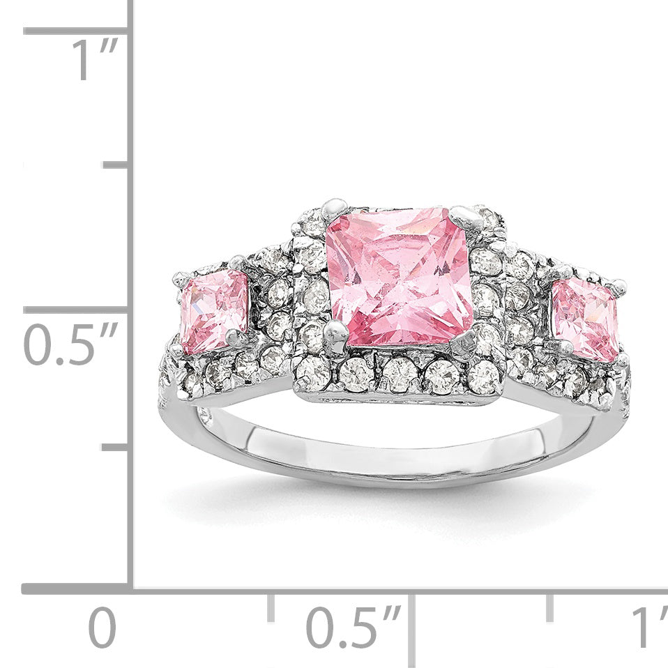 Sterling Silver Rhodium-Plated plated Pink Square Cubic Zirconi Ring