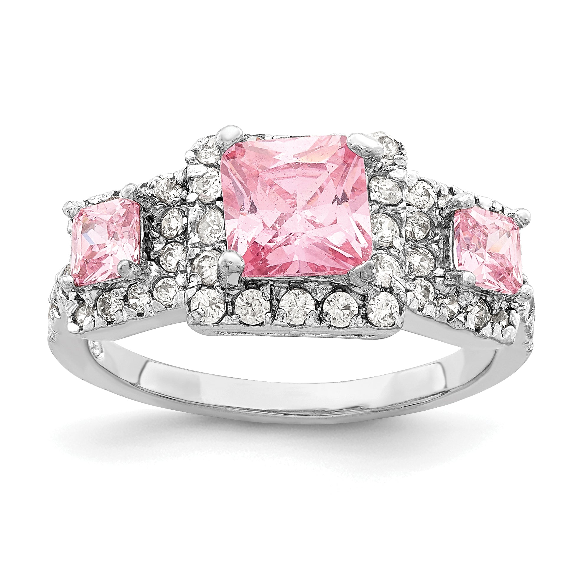 Sterling Silver Rhodium-Plated plated Pink Square Cubic Zirconi Ring Main image