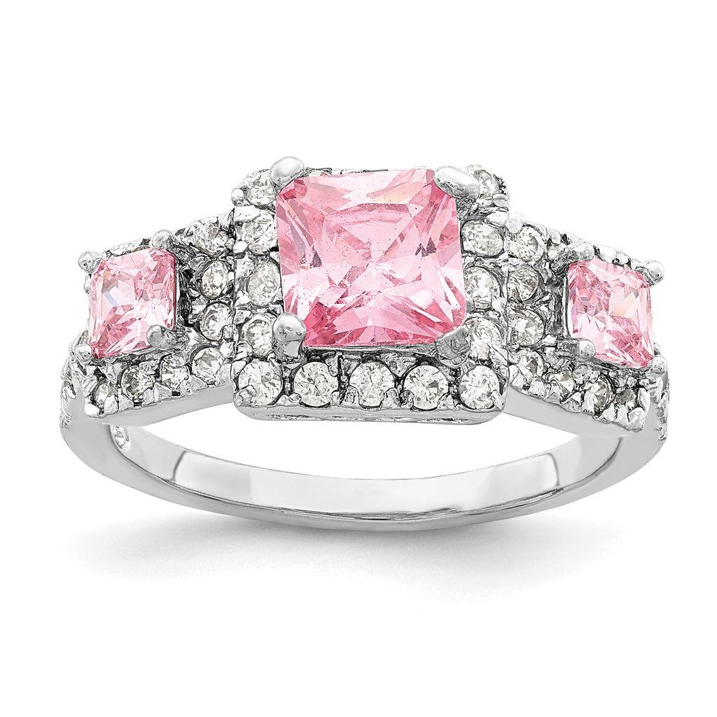Sterling Silver Rhodium-Plated plated Pink Square Cubic Zirconi Ring