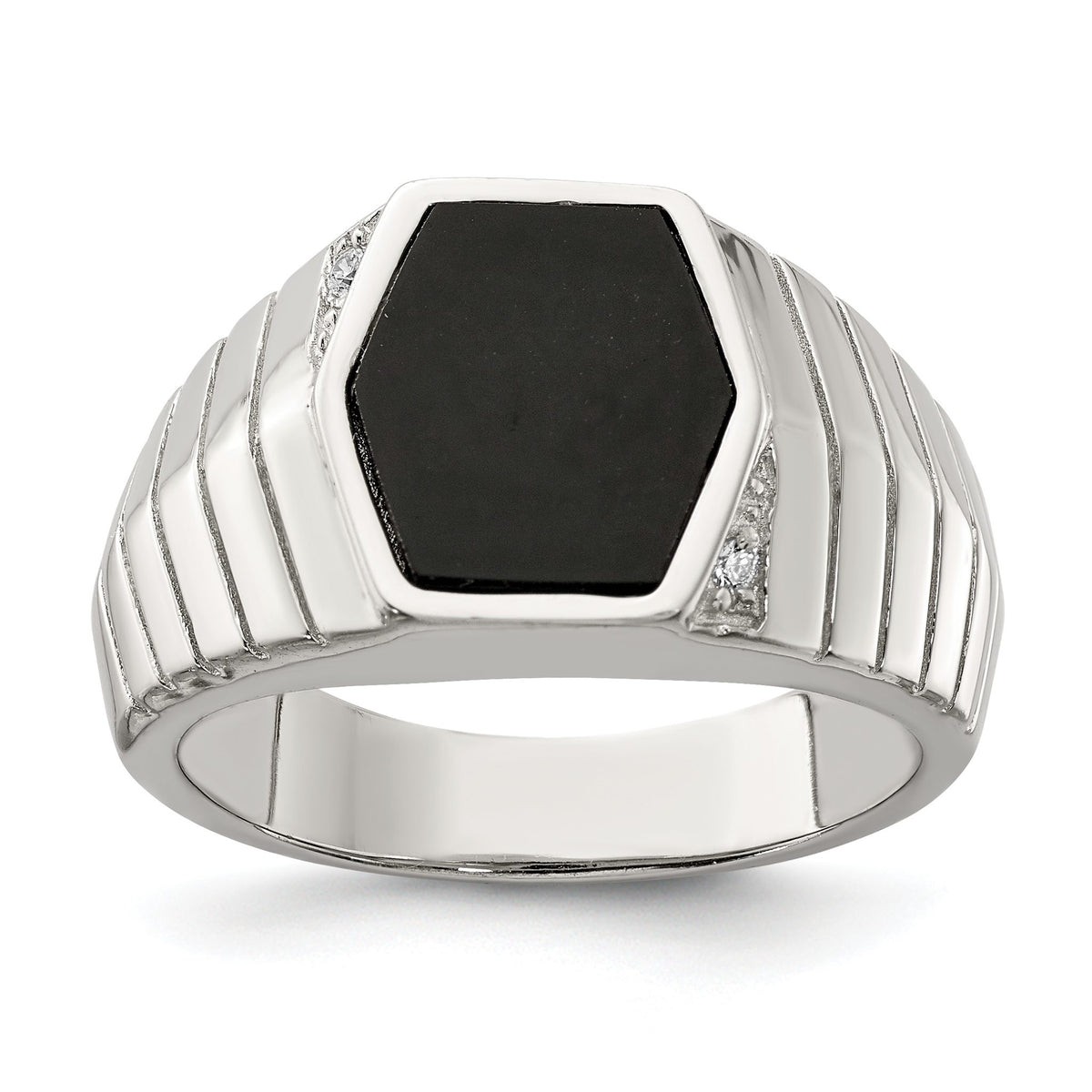 Men's Cubic Zirconia & Onyx Ring in Sterling Silver, 4.2mm, Size 9–11 - Sophia Jewelers Main image