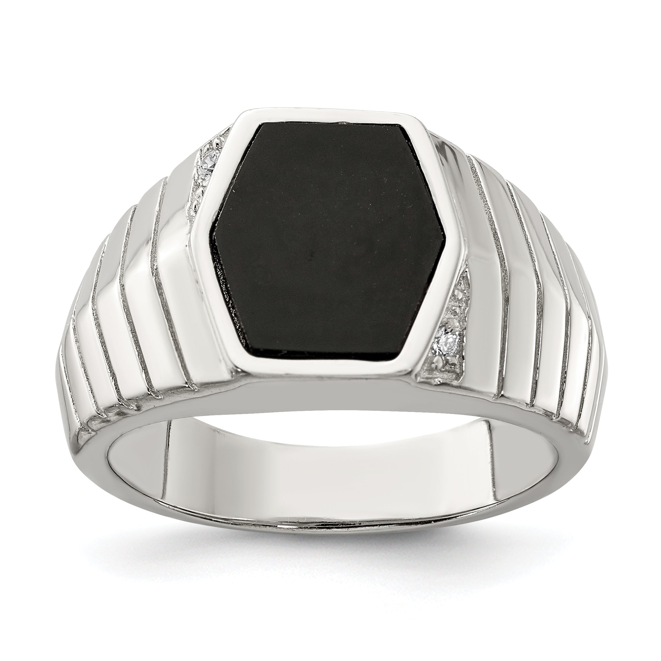 Sterling Silver Rhodium-plated Men's CZ & Onyx Ring Main image