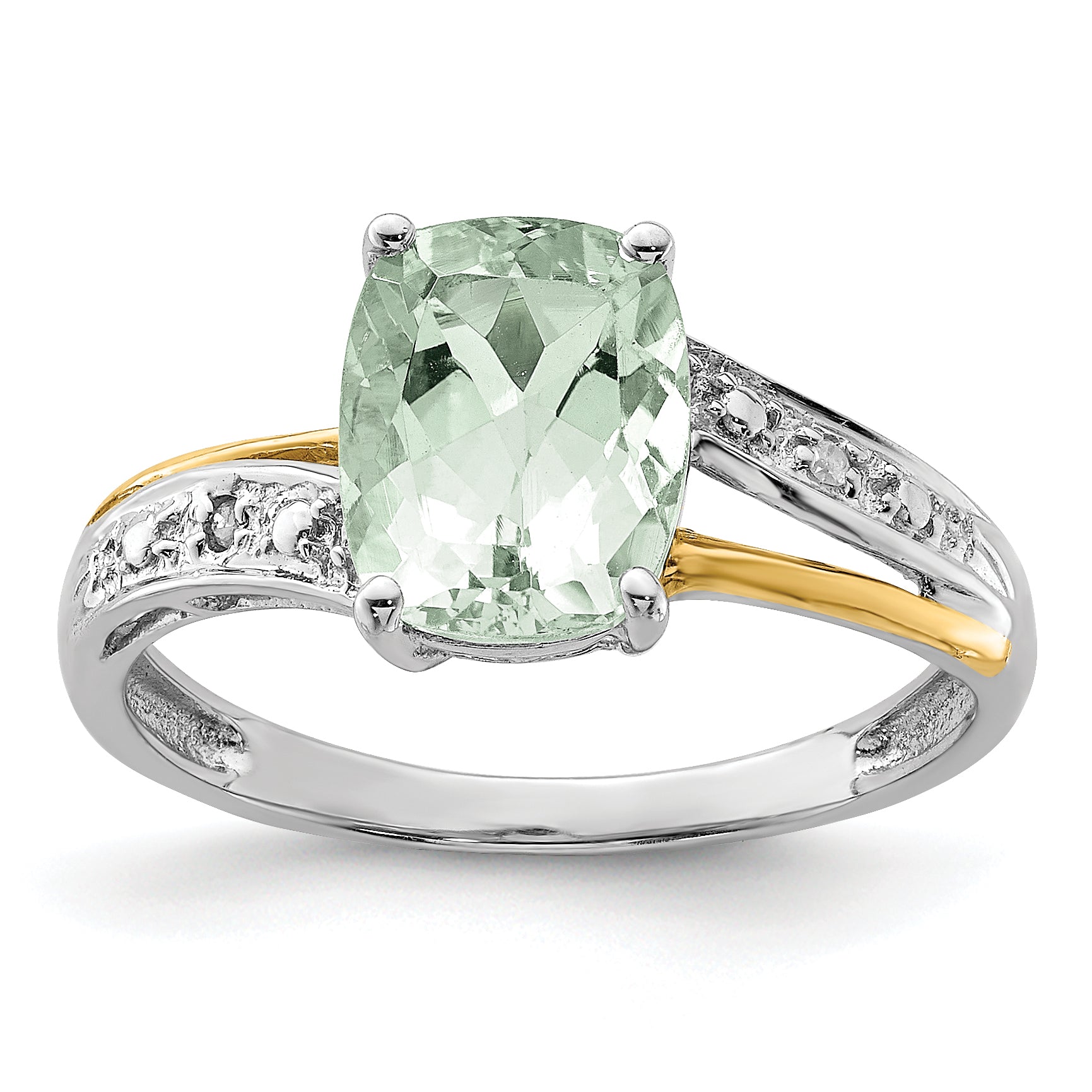 Brilliant Gemstones Sterling Silver with 14K Accent Rhodium-plated Green Quartz and Diamond Ring Main image