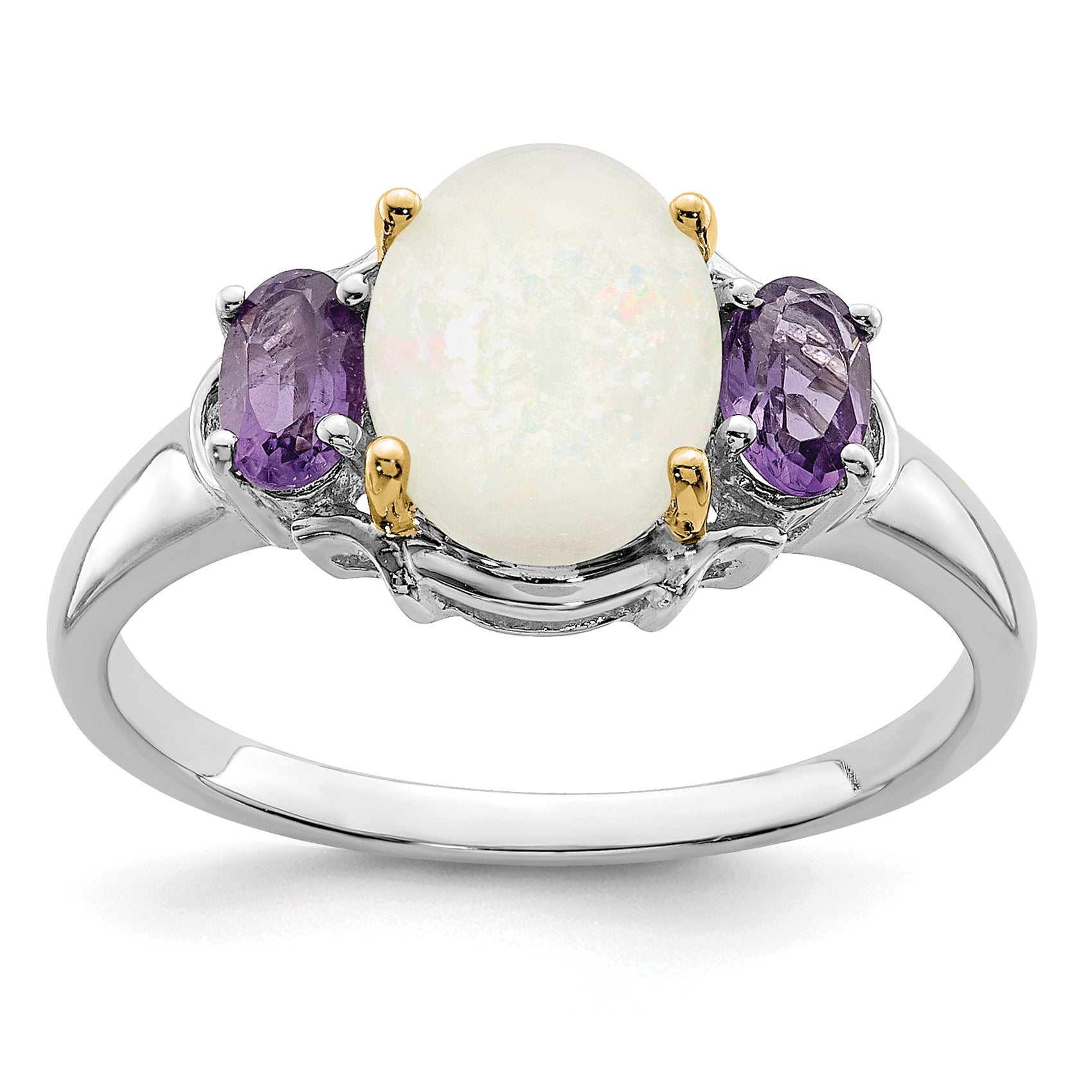 Brilliant Gemstones Sterling Silver with 14K Accent Rhodium-plated Opal and Amethyst Ring Main image