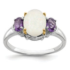 Brilliant Gemstones Sterling Silver with 14K Accent Rhodium-plated Opal and Amethyst Ring
