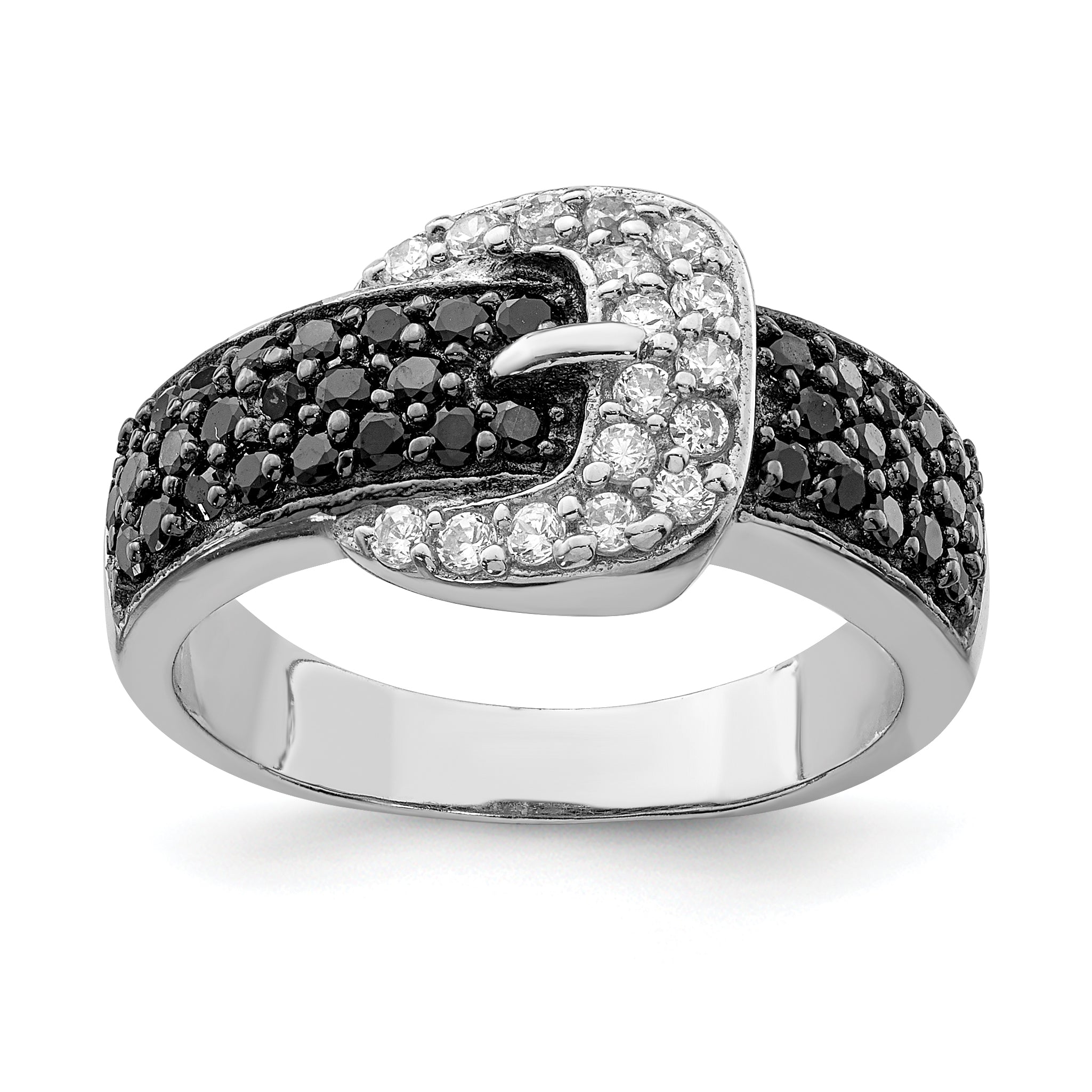 Sterling Silver Rhodium Black and Clear CZ Buckle Ring Main image