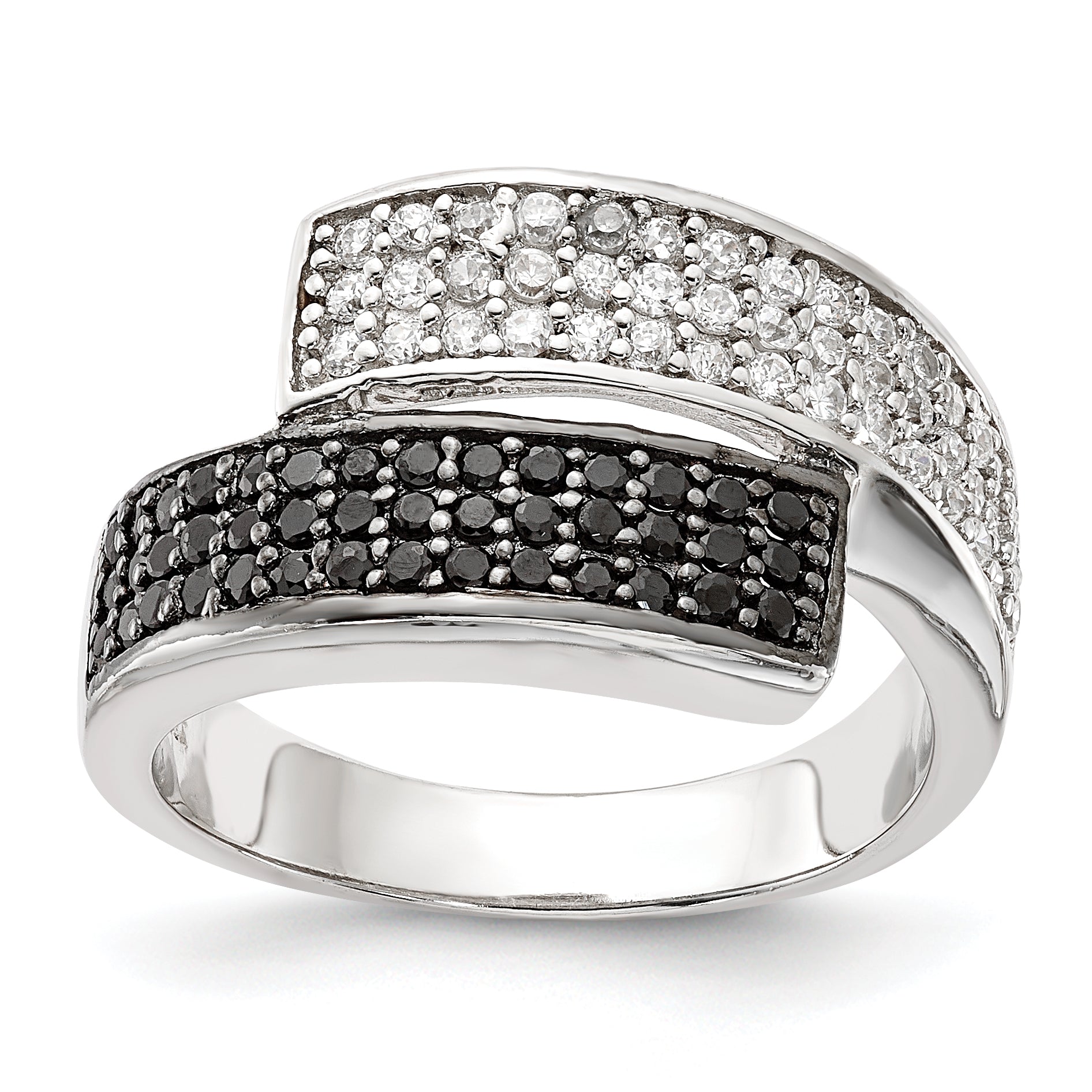 Sterling Silver Rhodium Black and Clear CZ Overlapping Ring Main image
