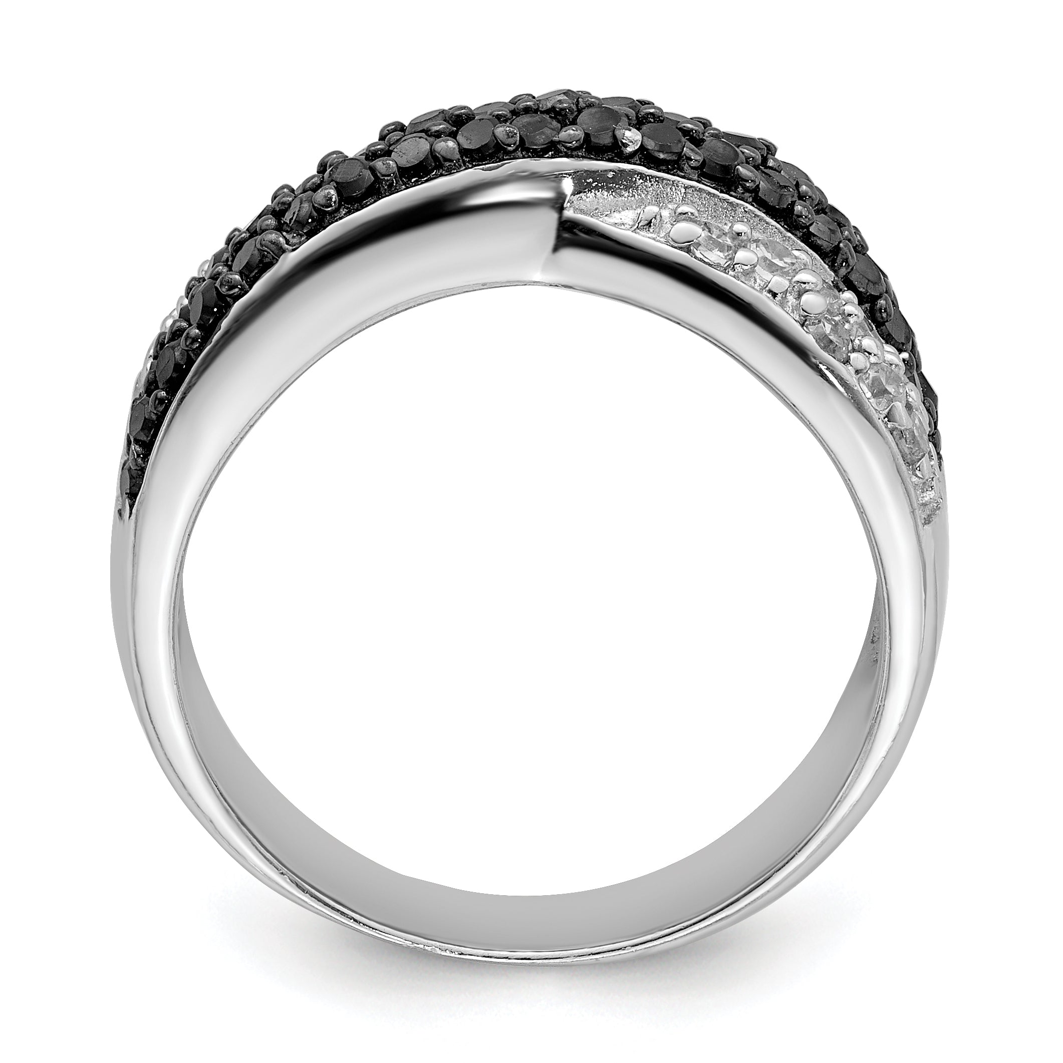 Sterling Silver Rhodium Black & White CZ Crossed Ring Secondary image
