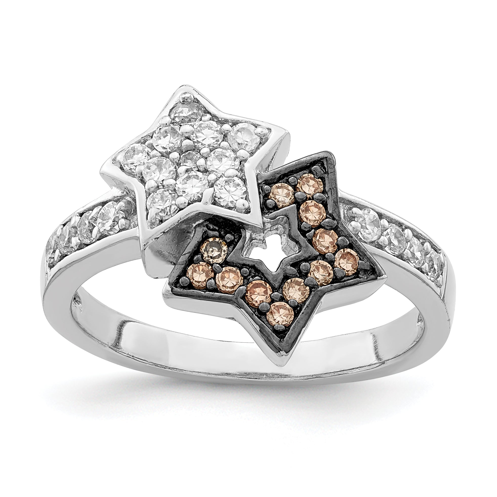 Sterling Silver Rhodium Clear & Champagne CZ Stars Ring Main image
