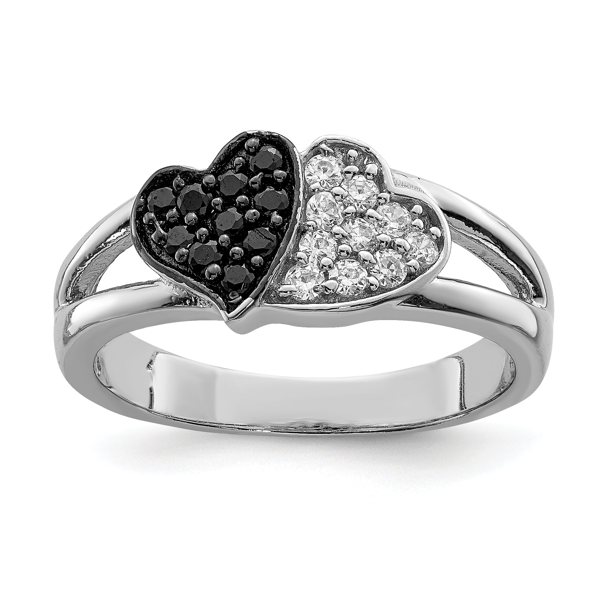 Sterling Silver Rhodium Clear & Black CZ Hearts Ring Main image