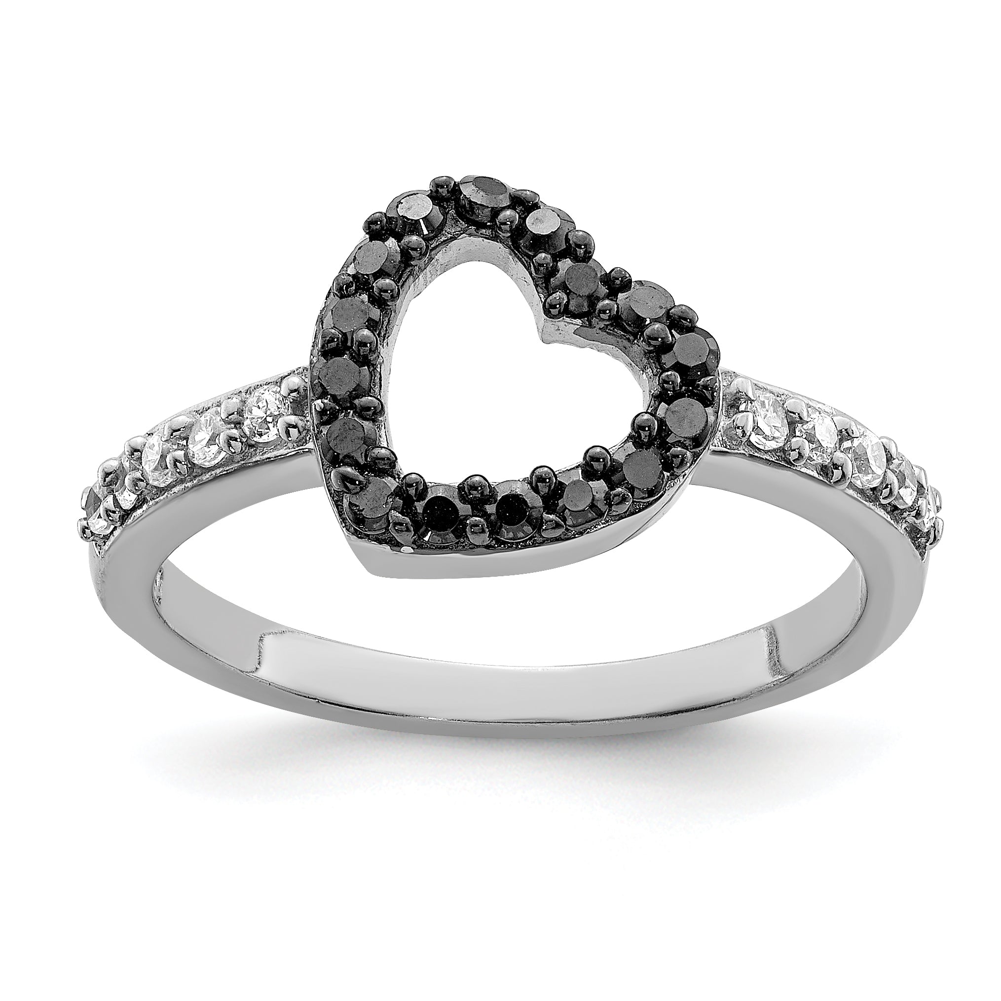 Sterling Silver Rhodium Black & White CZ Heart Ring Main image
