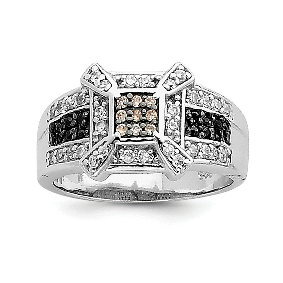 Sterling Silver Rhodium Champ/Black/White CZ Square Ring Main image