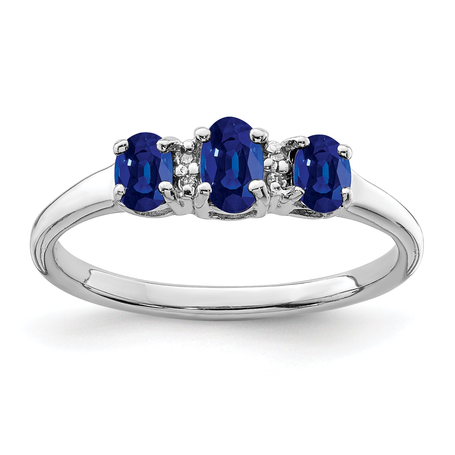 Sterling Silver Rhodium 3 Oval Sapphire & Diamond Ring Main image
