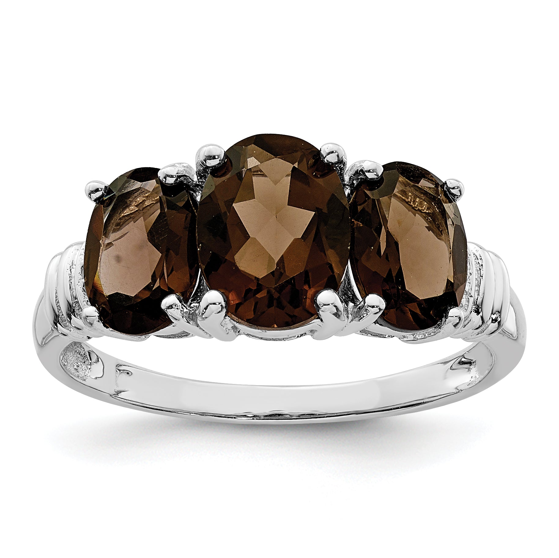 Sterling Silver Rhodium 3 Stone Smoky Quartz & Diamond Ring Main image