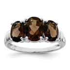 Sterling Silver Rhodium 3 Stone Smoky Quartz & Diamond Ring