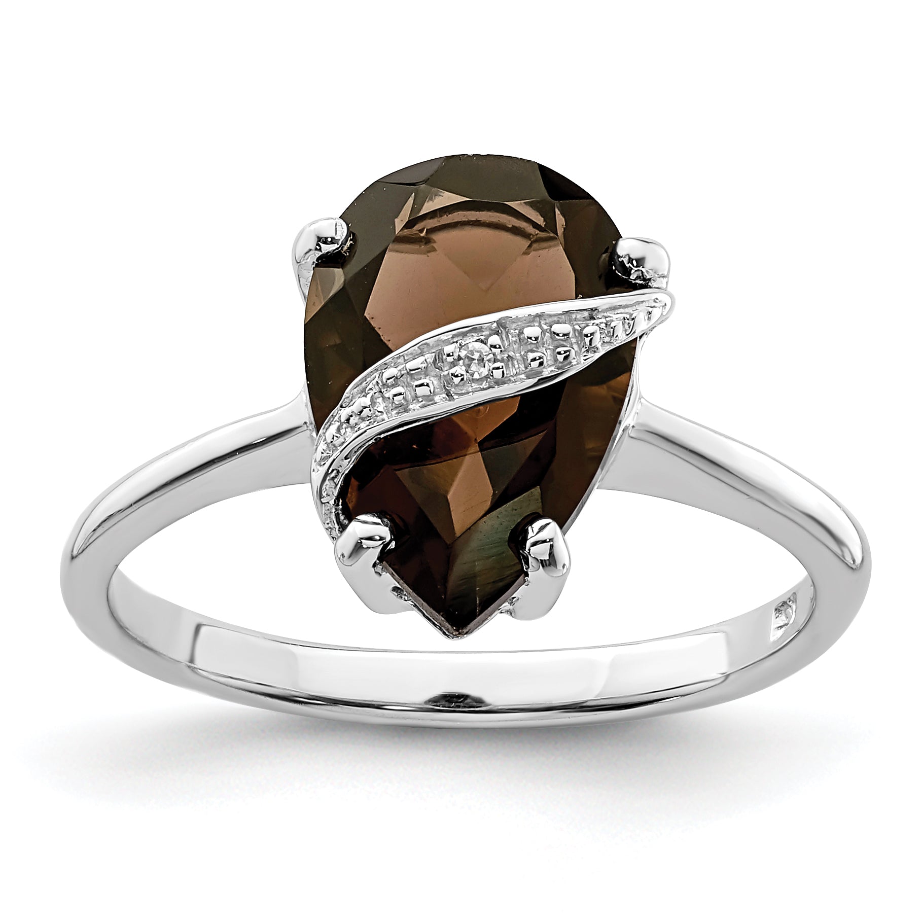 Sterling Silver Rhodium Pear Smoky Quartz & Diamond Ring Main image