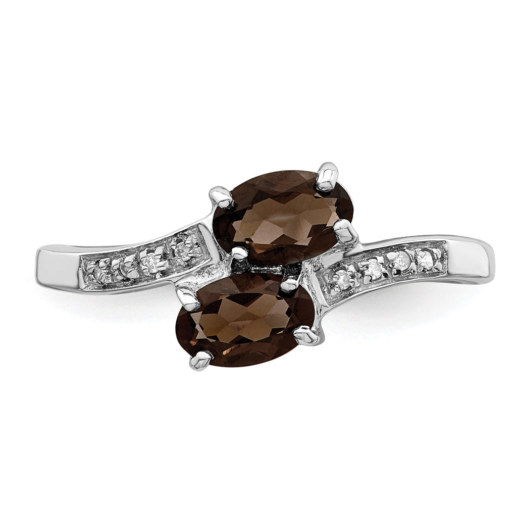 Sterling Silver Rhodium 2 Pear Smoky Quartz & Diamond Ring