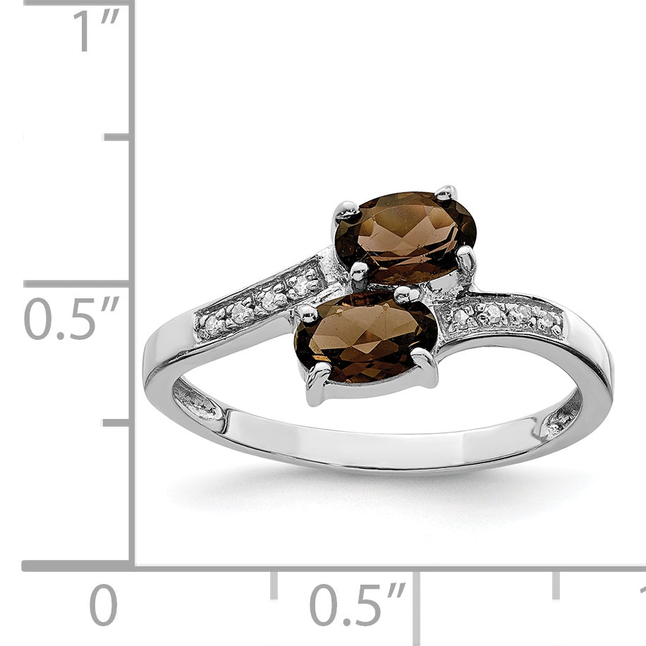 Sterling Silver Rhodium 2 Pear Smoky Quartz & Diamond Ring