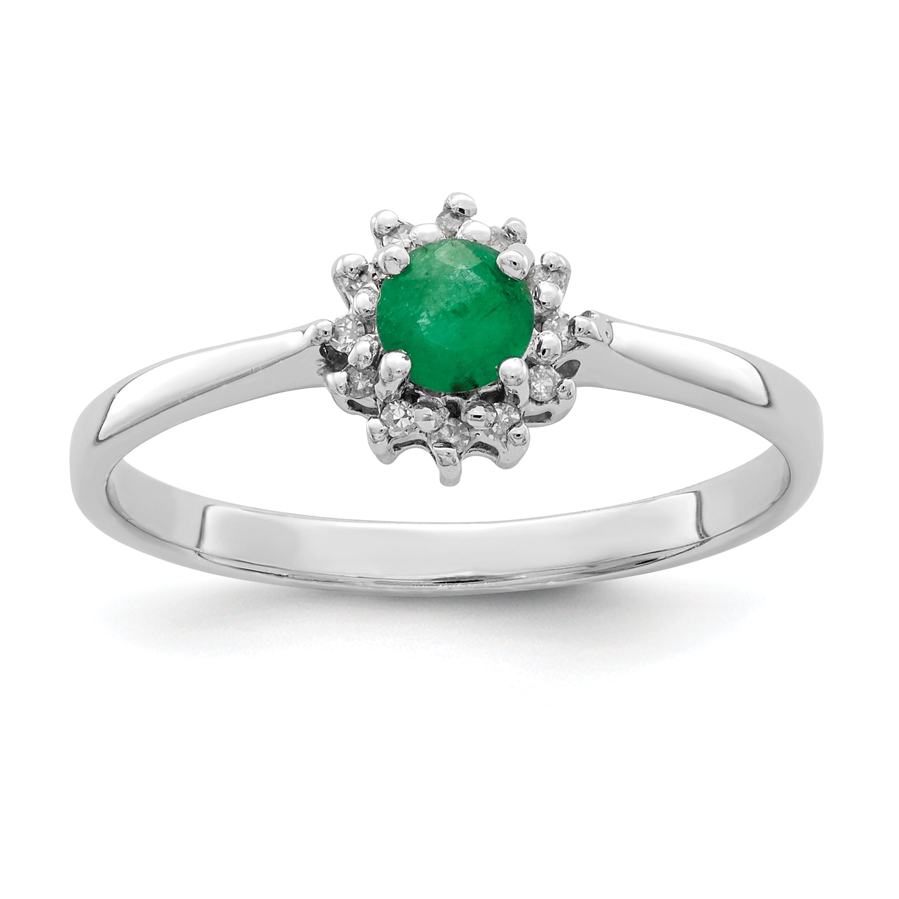 Sterling Silver Rhodium-plated Round Emerald & Diamond Ring Main image