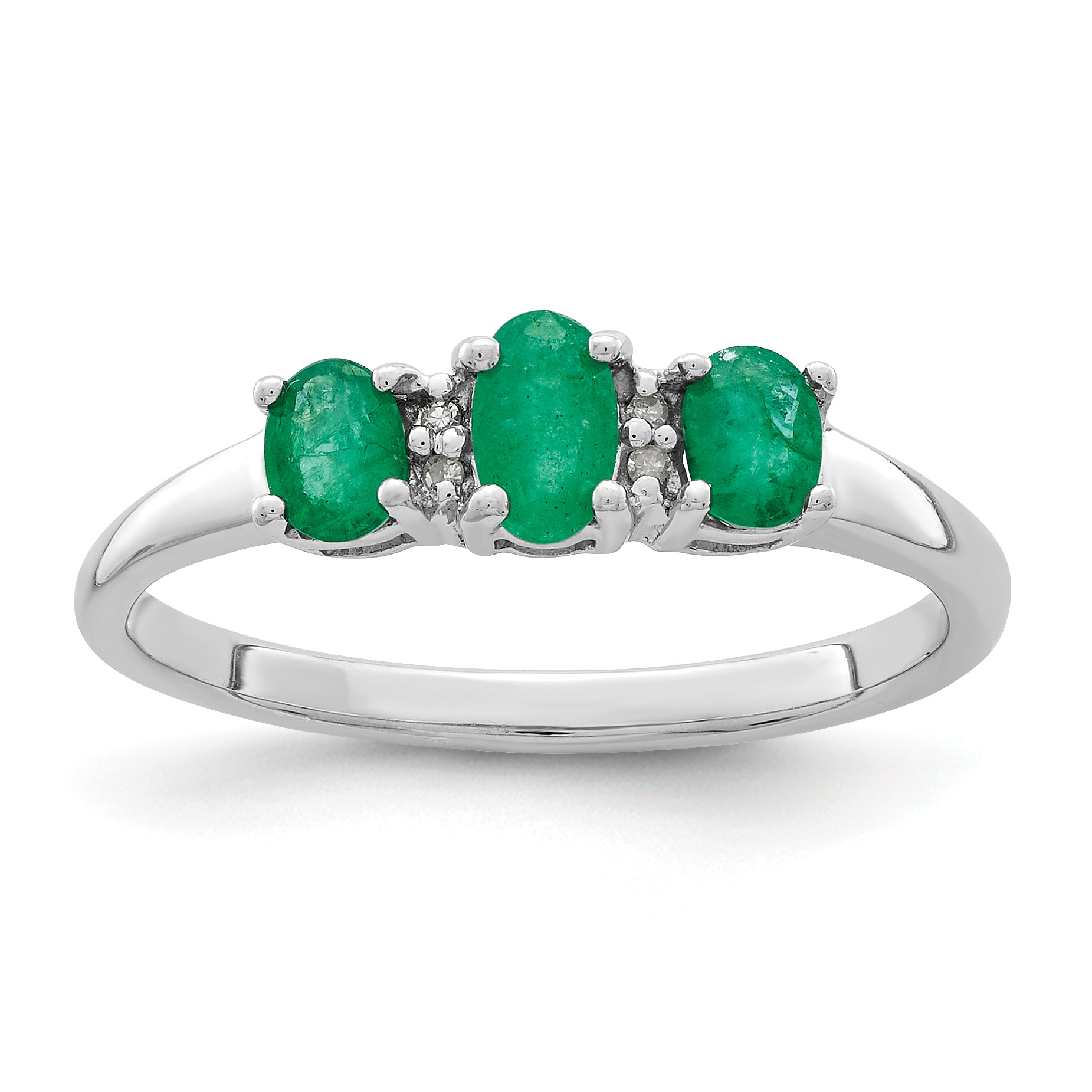 Sterling Silver Rhodium-plated Emerald 3 Stone and Diamond Ring Main image