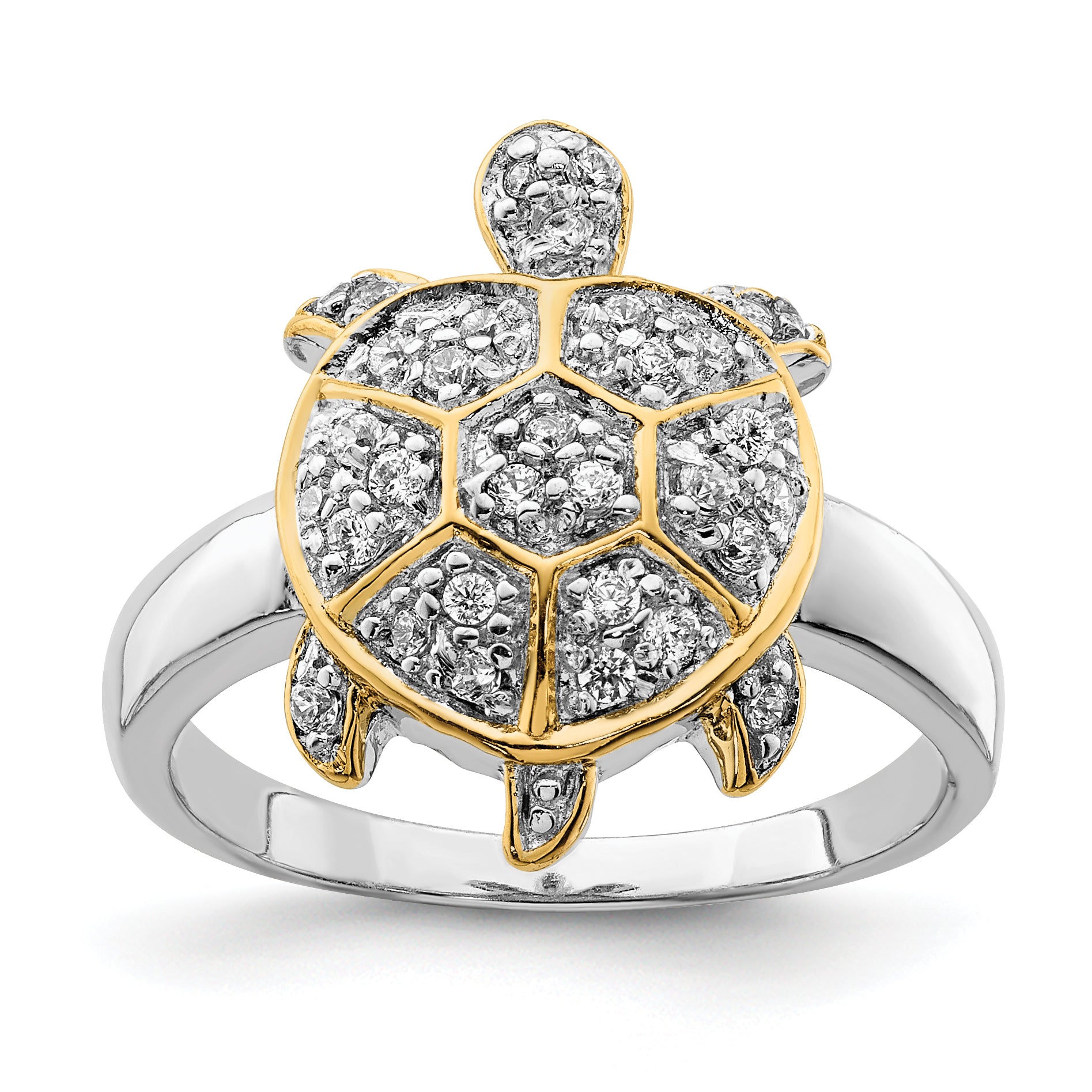 Sterling Silver Rhodium-plated CZ and Flash Gold-Plated Turtle Ring Main image