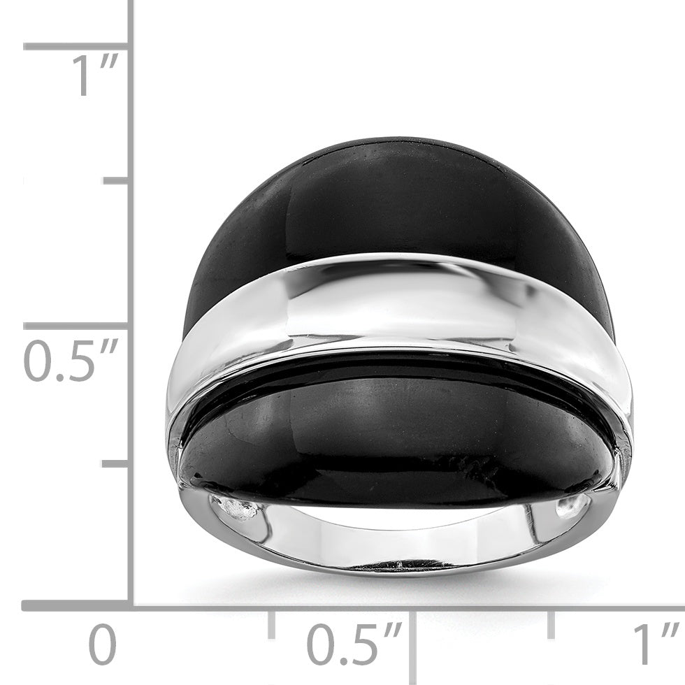 Sterling Silver Rhodium-Plated Band With  Surrounding Onyx Bands Ring