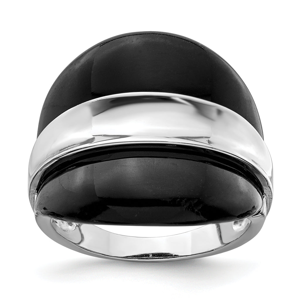 Sterling Silver Rhodium-Plated Band With  Surrounding Onyx Bands Ring