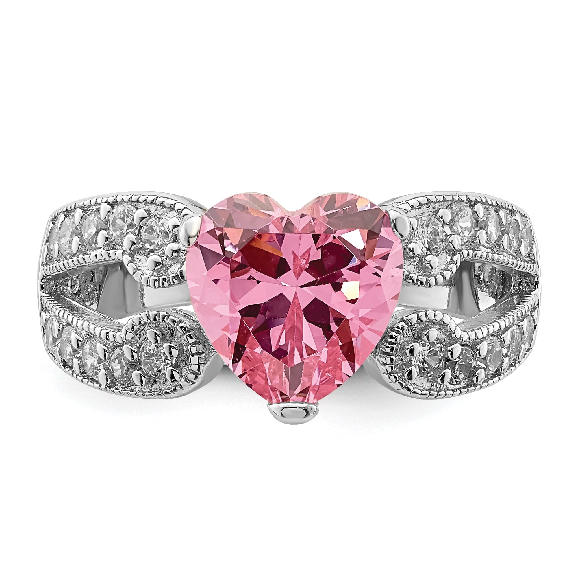 Sterling Silver Rhodium-plated Round Pink and White CZ Ring