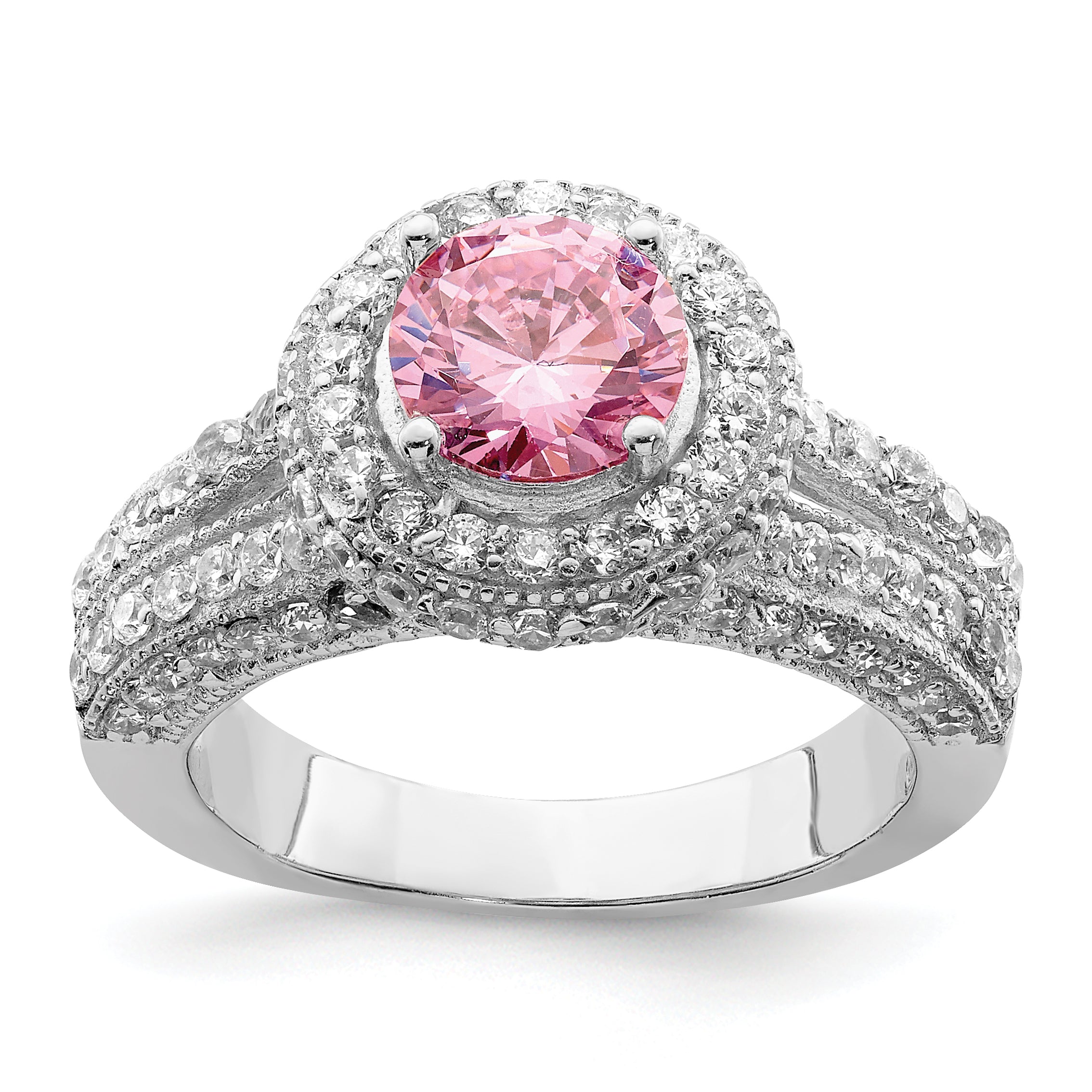 Sterling Silver Rhodium-plated Round Pink and White CZ Ring