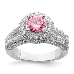 Sterling Silver Rhodium-plated Round Pink and White CZ Ring