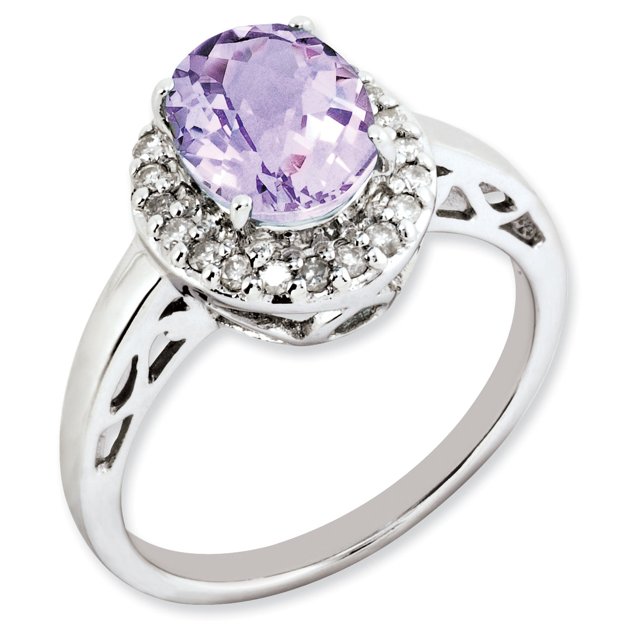 Sterling Silver Rhodium-plated Oval Pink Quartz & Diamond Ring Main image