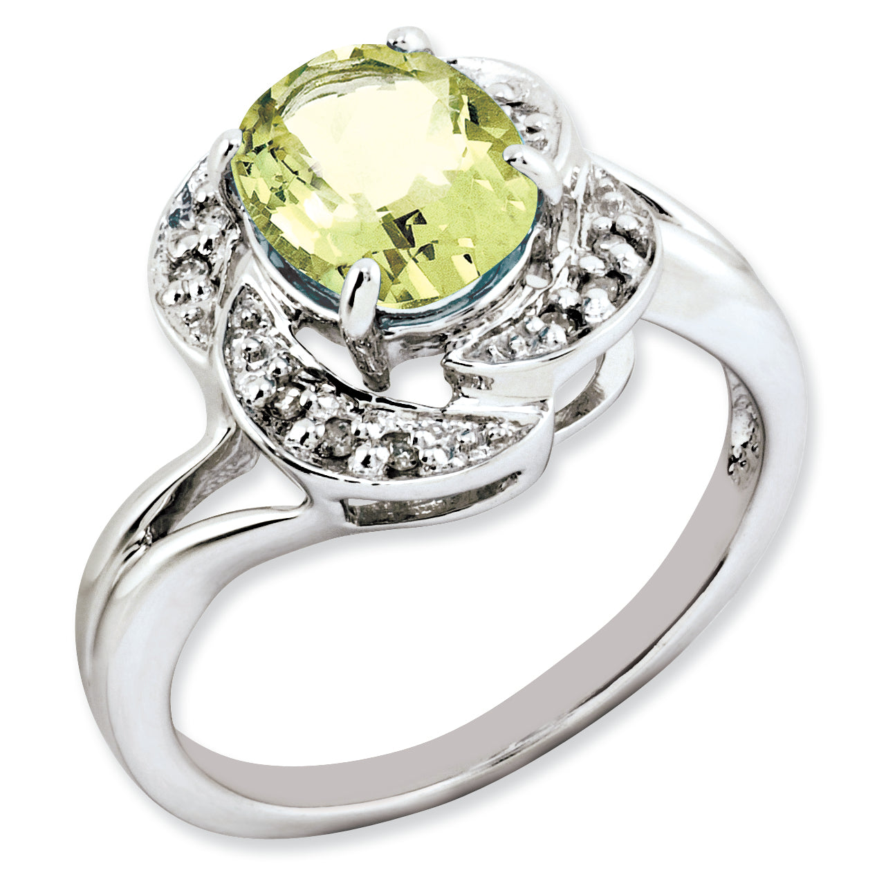 Sterling Silver Rhodium-plated Oval Lemon Quartz & Diamond Ring Main image