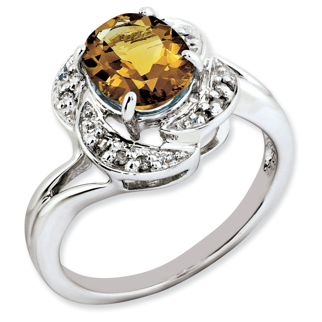 Sterling Silver Rhodium-plated Oval Whiskey Quartz & Diamond Ring Main image