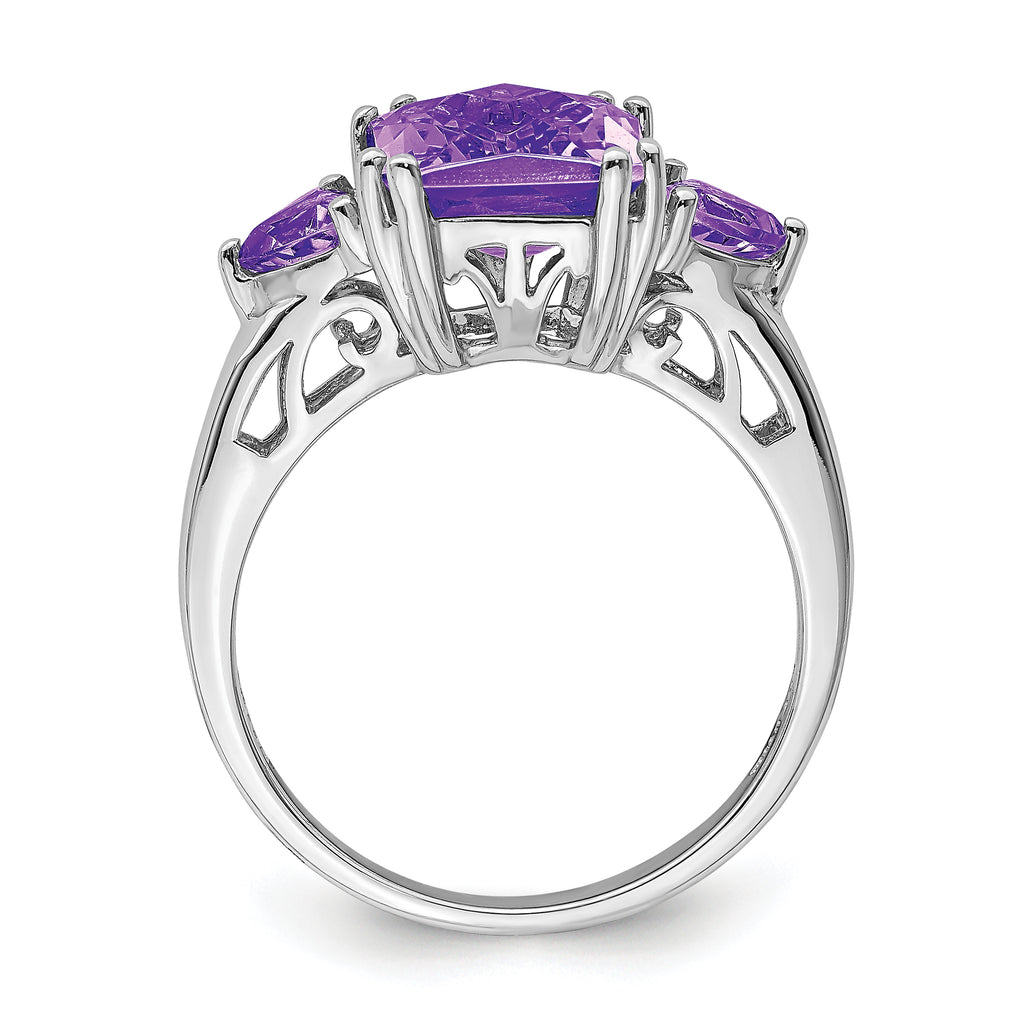 Sterling Silver Rhodium-Plated Checker-Cut Amethyst Ring