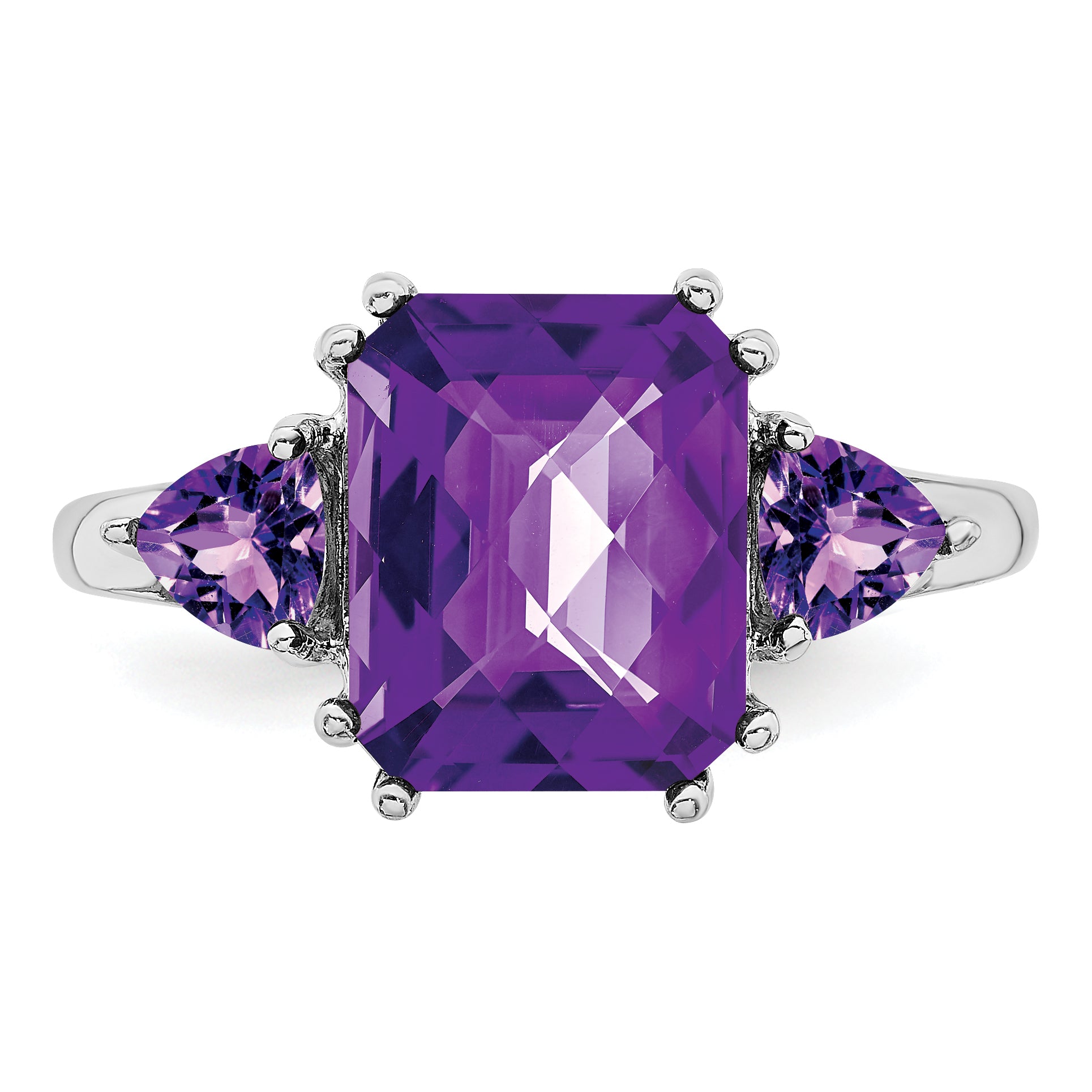 Sterling Silver Rhodium-Plated Checker-Cut Amethyst Ring