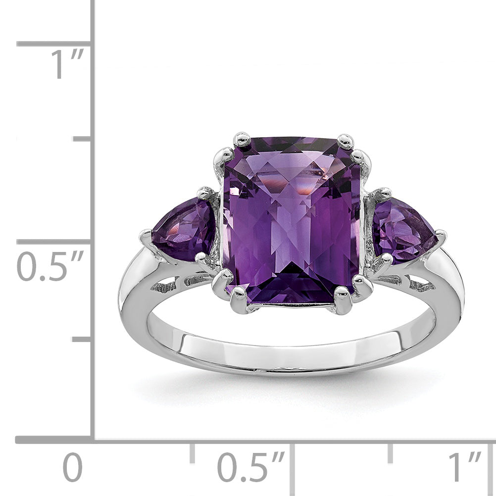 Sterling Silver Rhodium-Plated Checker-Cut Amethyst Ring