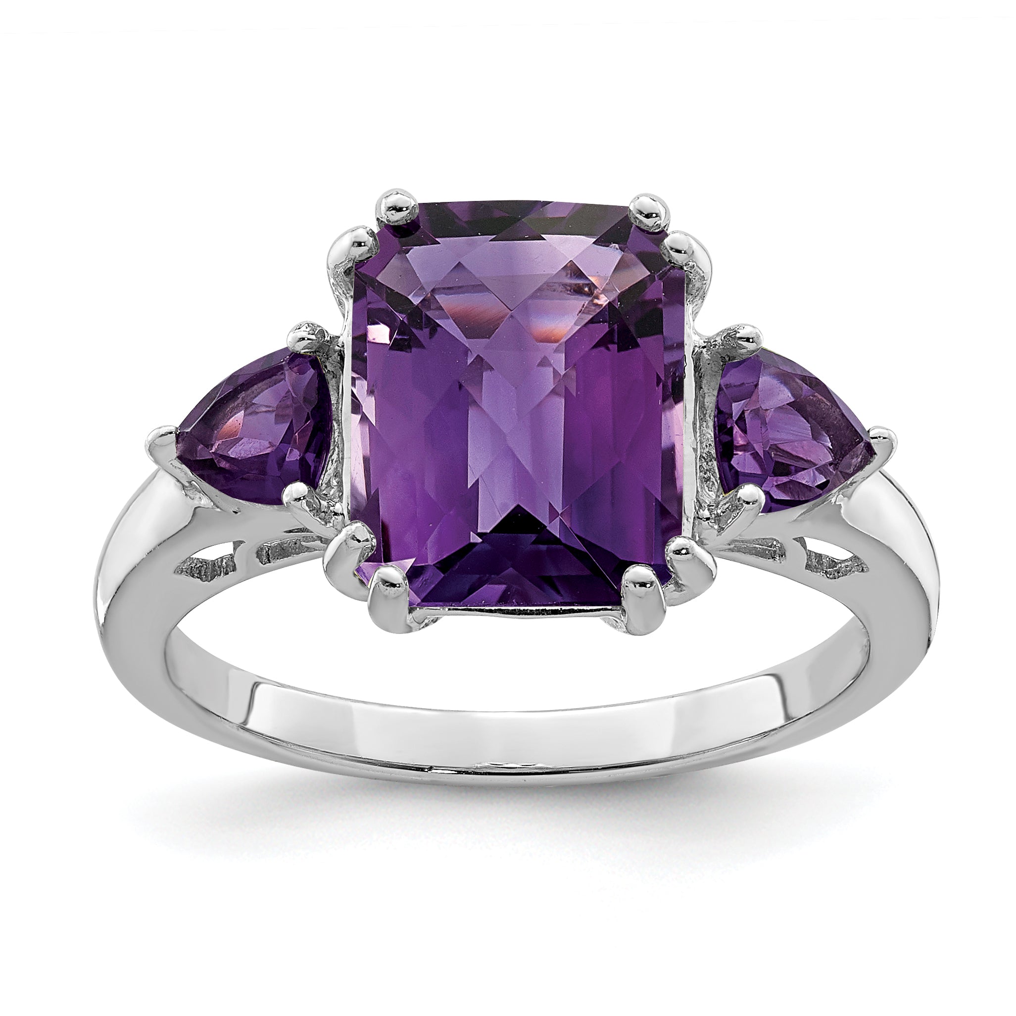 Sterling Silver Rhodium-Plated Checker-Cut Amethyst Ring