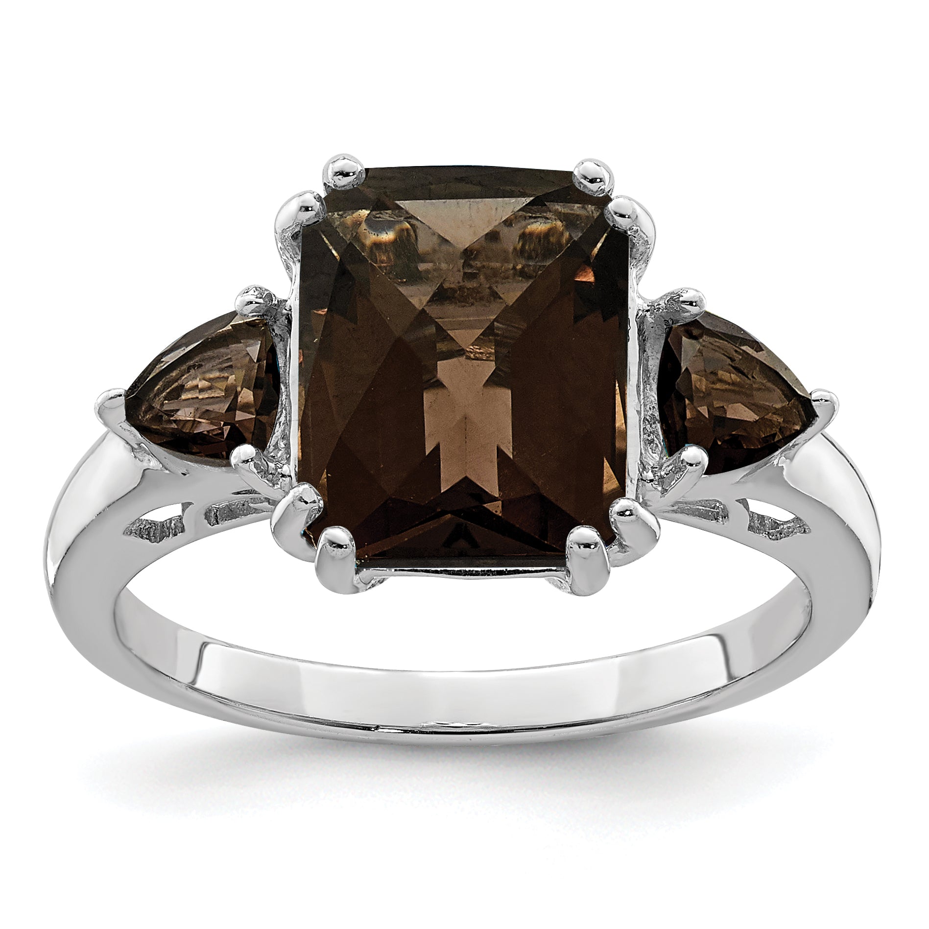 Sterling Silver Rhodium Checker-Cut Smoky Quartz Ring Main image