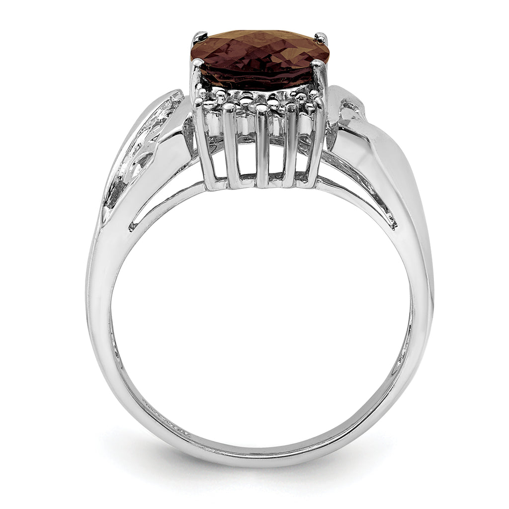 Sterling Silver Rhodium Checker-Cut Smoky Quartz & Oval Diam. Ring
