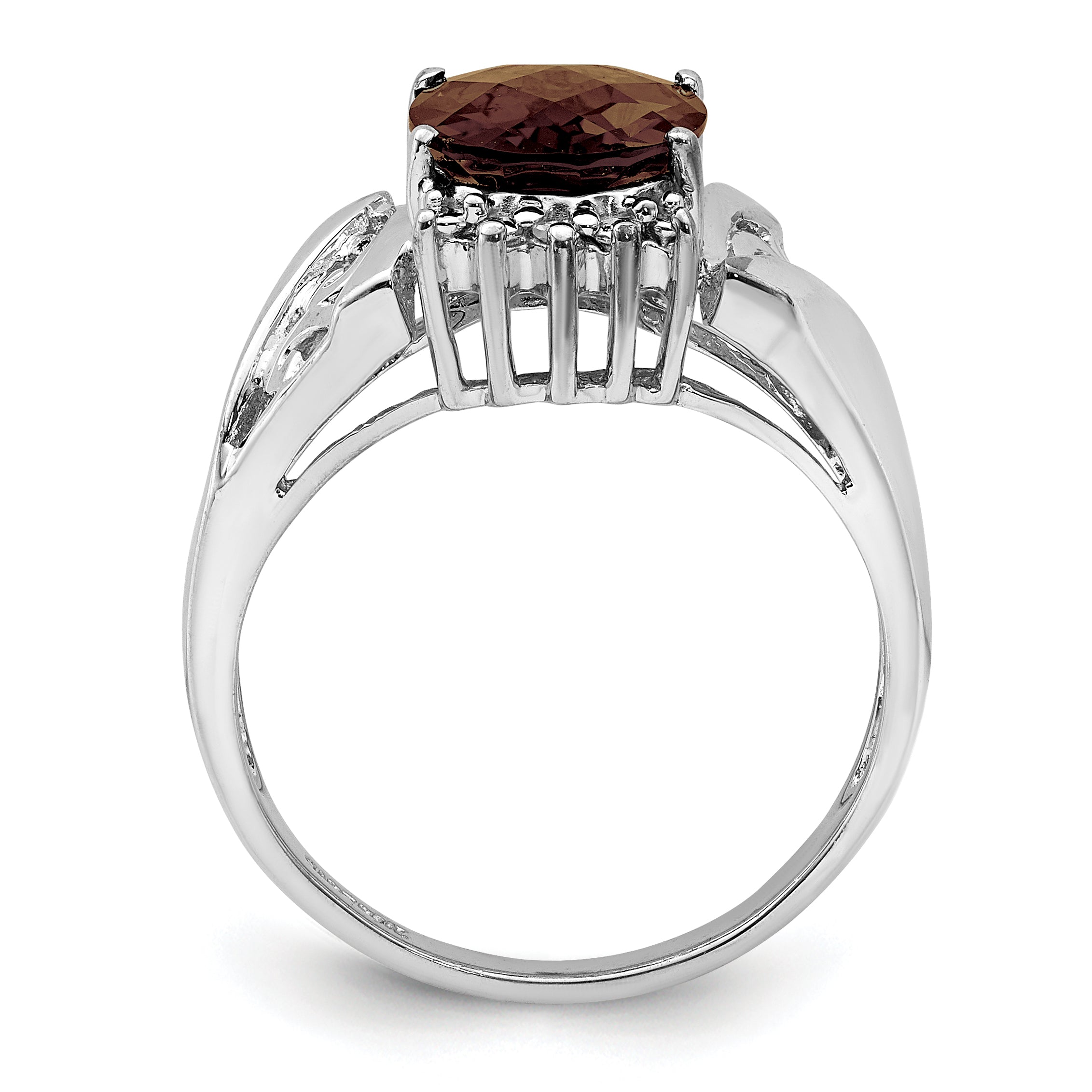 Sterling Silver Rhodium Checker-Cut Smoky Quartz & Oval Diam. Ring