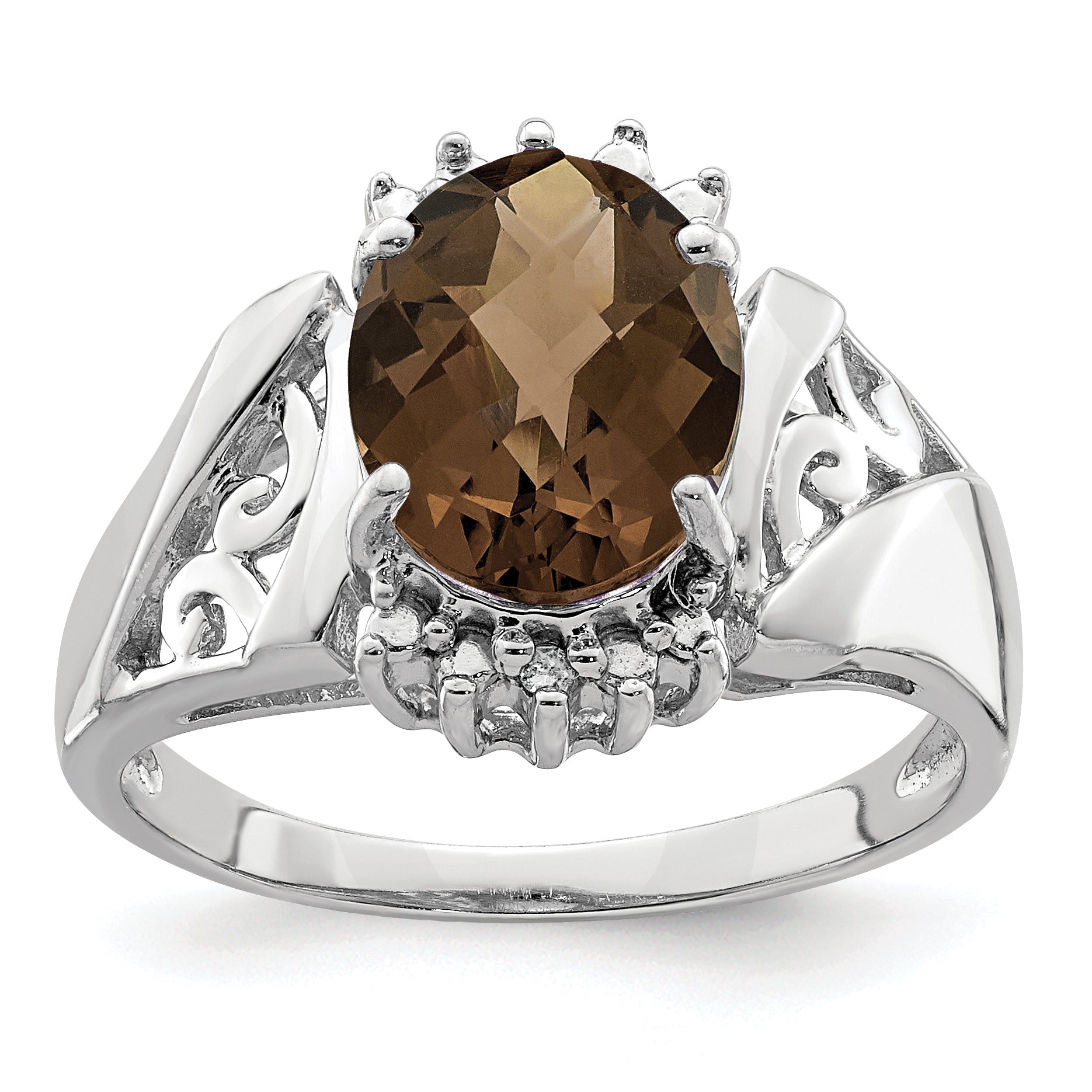 Sterling Silver Rhodium Checker-Cut Smoky Quartz & Oval Diam. Ring Main image