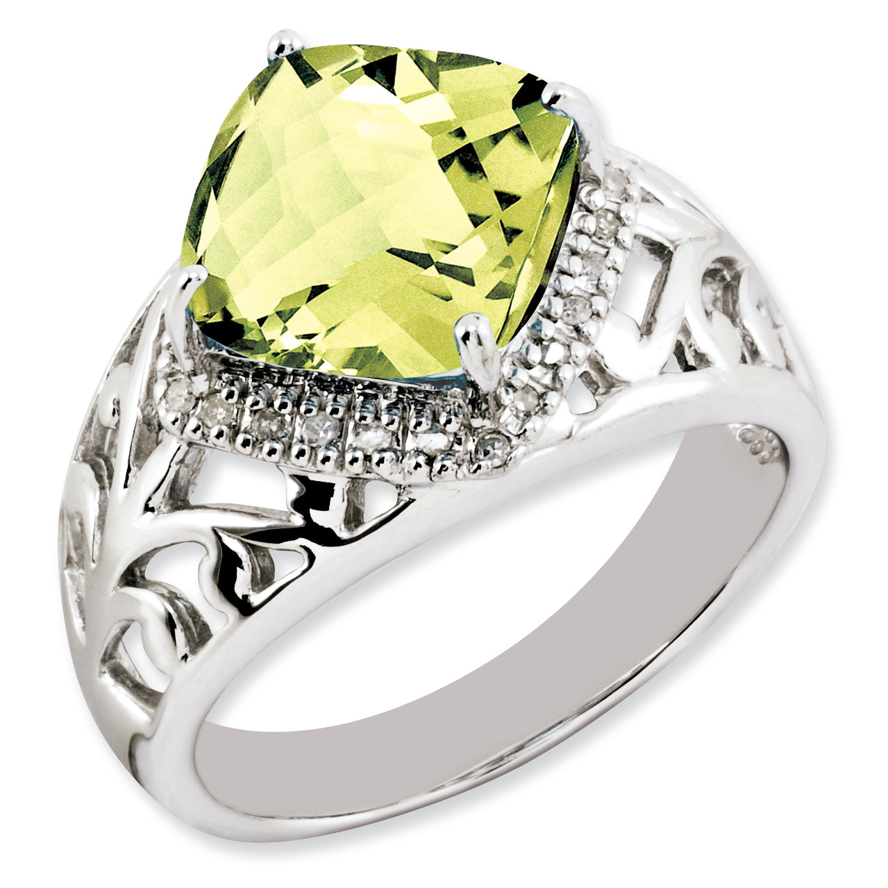 Sterling Silver Rhodium-plated Checker-Cut Lemon Quartz & Diamond Ring