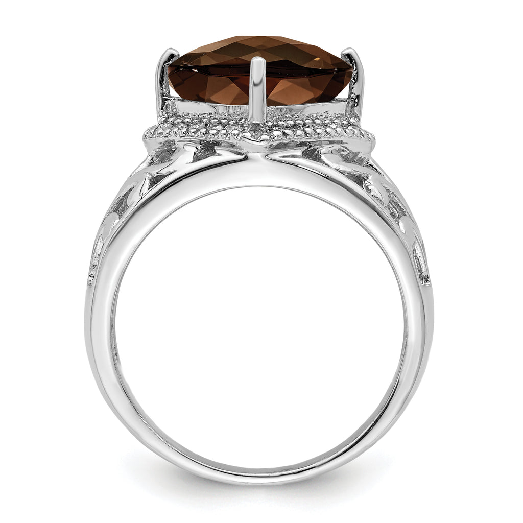 Sterling Silver Rhodium Checker-Cut Smoky Quartz & Diam. Ring