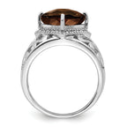 Sterling Silver Rhodium Checker-Cut Smoky Quartz & Diam. Ring