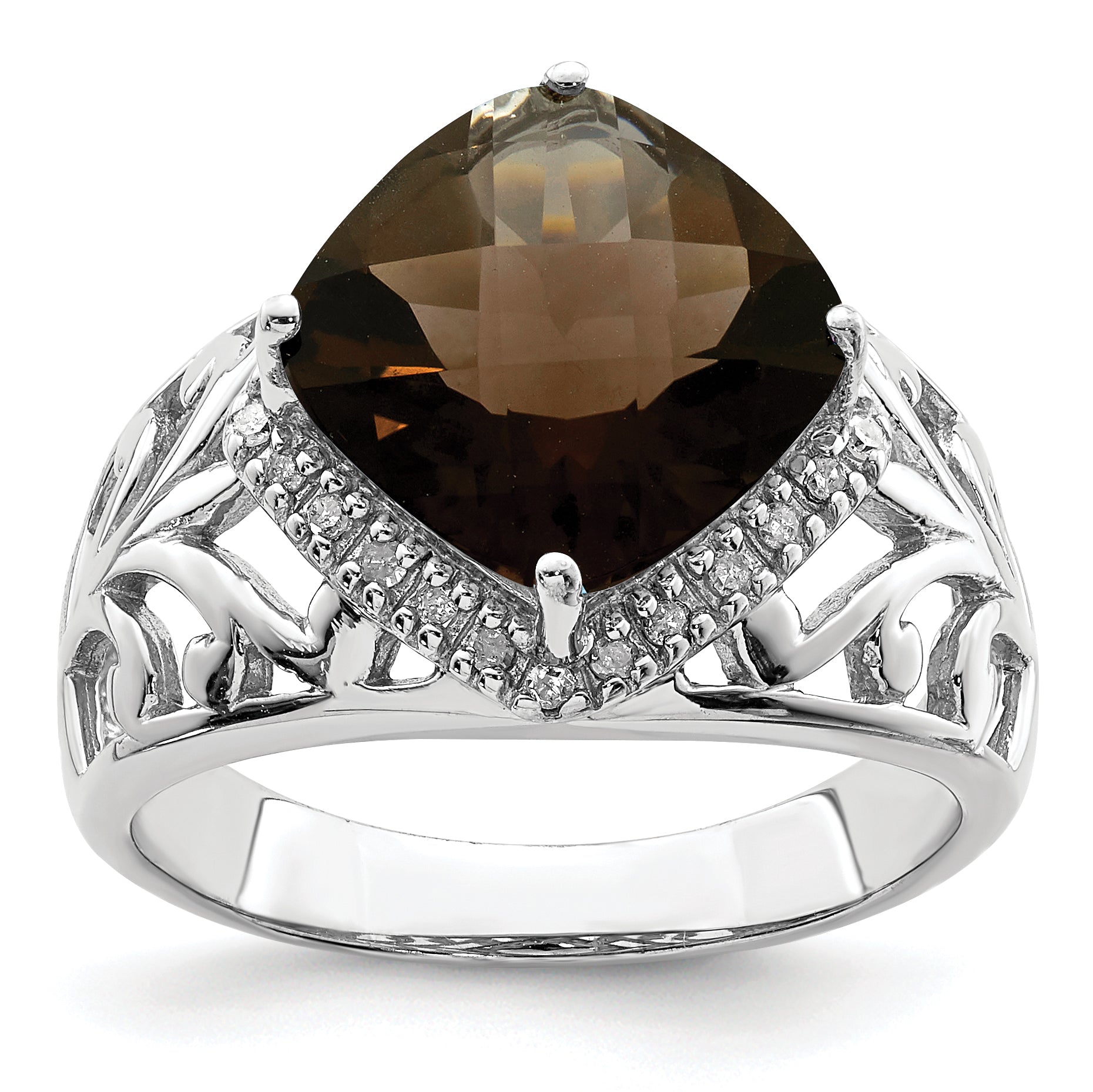 Sterling Silver Rhodium Checker-Cut Smoky Quartz & Diam. Ring