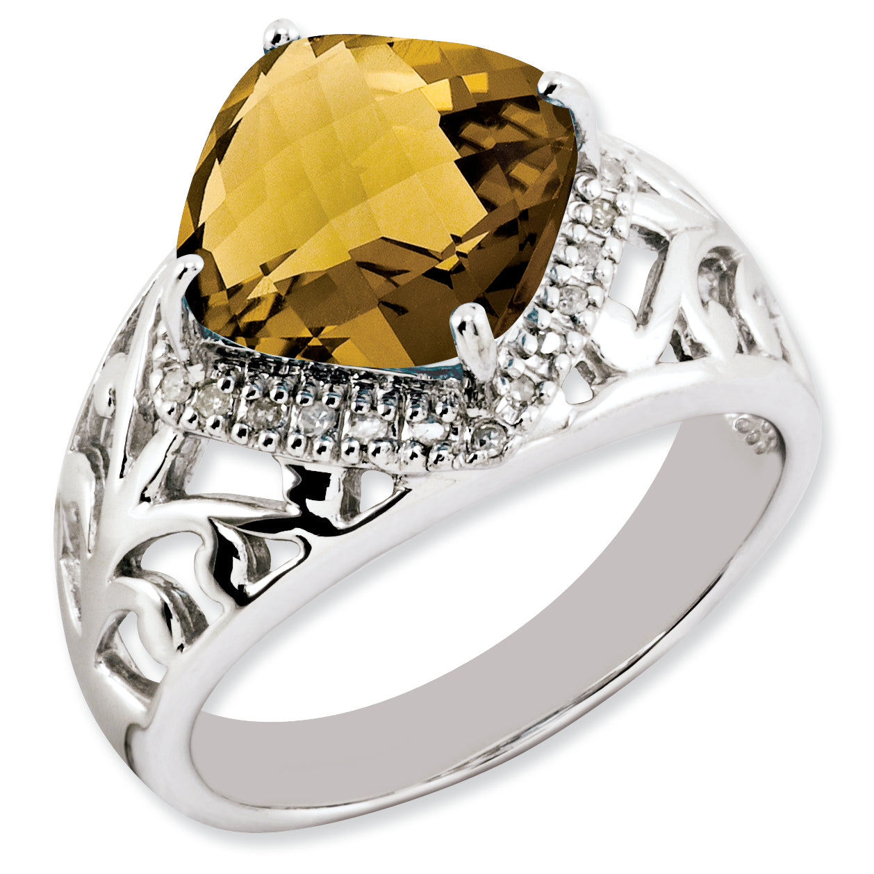 Sterling Silver RH-plated Checker-Cut Whiskey Quartz & Diamond Ring Main image