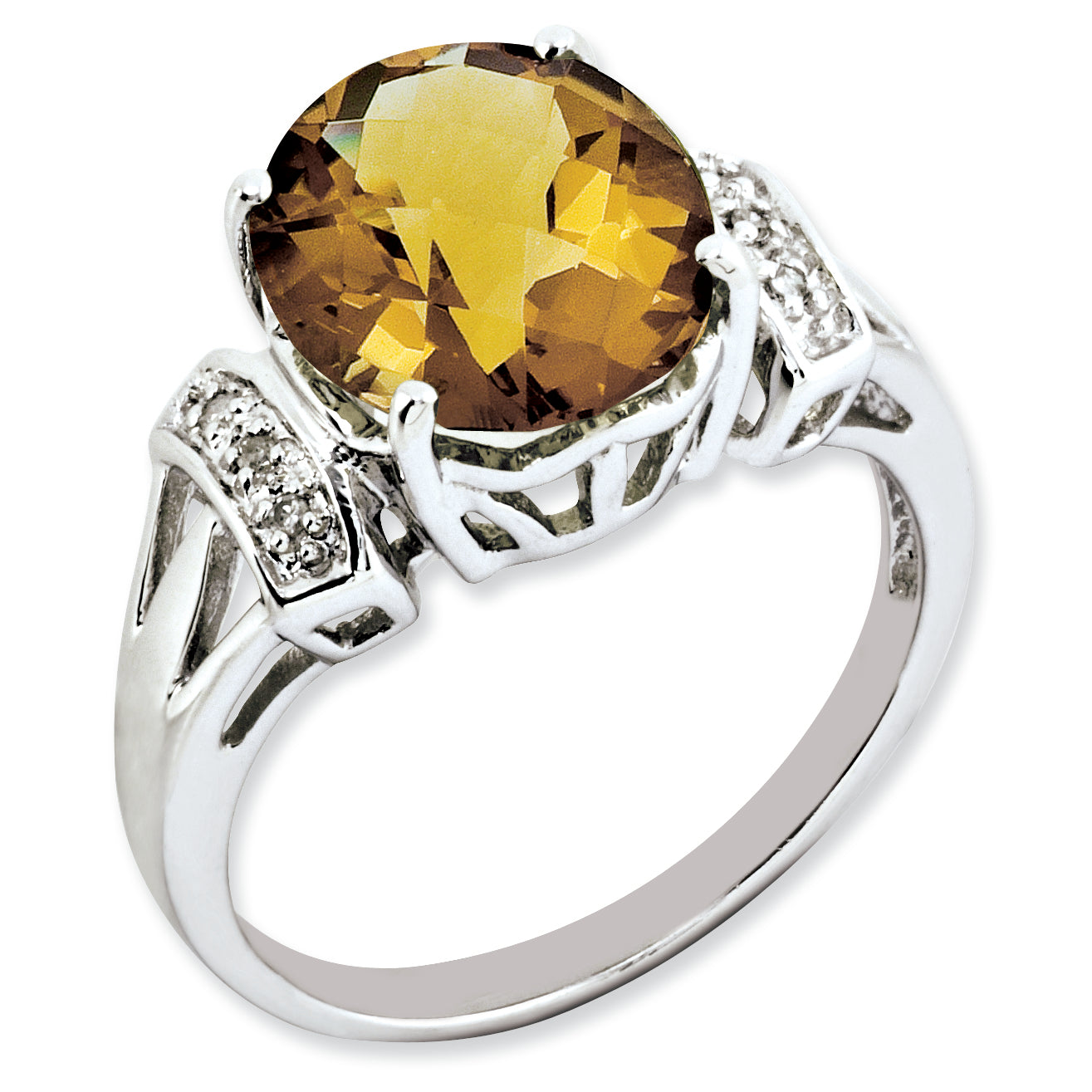 Sterling Silver RH-plated Oval Checker-Cut Whiskey Quartz & Diamond Ring