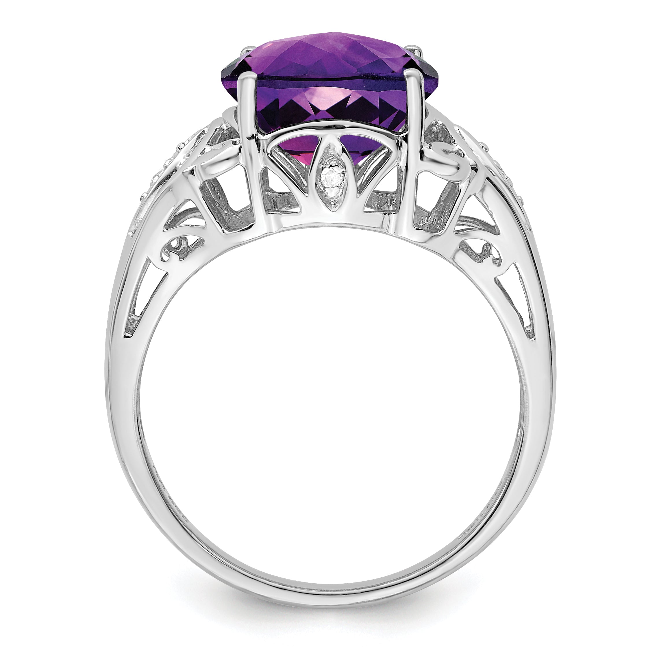 Sterling Silver Rhodium Oval Checker-Cut Amethyst & Diamond Ring