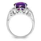 Sterling Silver Rhodium Oval Checker-Cut Amethyst & Diamond Ring
