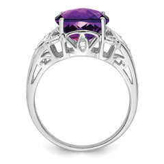 Sterling Silver Rhodium Oval Checker-Cut Amethyst & Diamond Ring